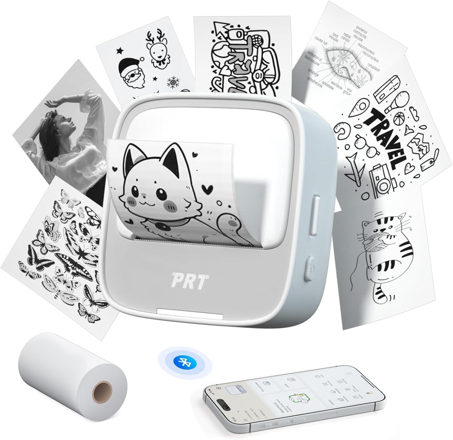 PRT Sticker Printer - S1 Mini Portable Thermal Printer, Bluetooth Sticker Maker Machine with 1 Roll Paper, Pocket Label Maker for Study Notes, Pictures, DIY, Label, Free App with Multiple Templates