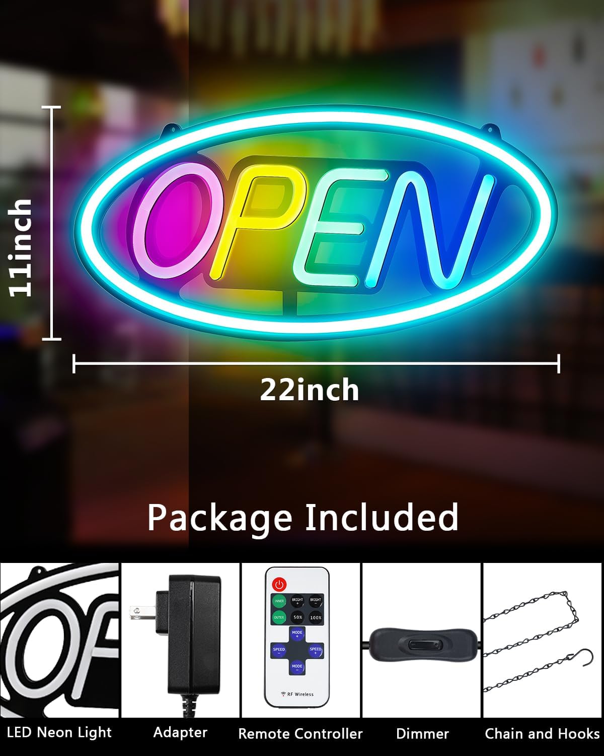 22" X 11" LED Neon Open Sign for Businesses – Ultra-Bright, Remote Control, Color Changing & Scrolling Modes | Adjustable Brightness/Speed | Energy-Efficient Light-Up Sign