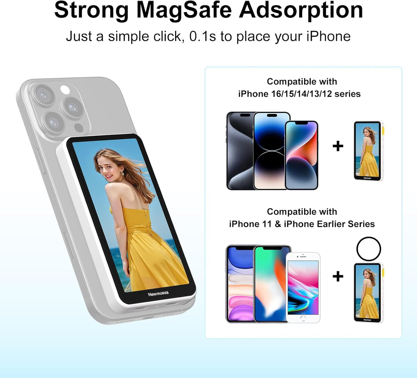 Newmowa Touchscreen Phone Vlog Selfie Monitor Screen, Magnetic Wireless Back Camera Selfie Monitor with Focus Adjustment ONLY for iPhone, Support 4K 30fps Wireless Recording for iPhone 15/16(White)