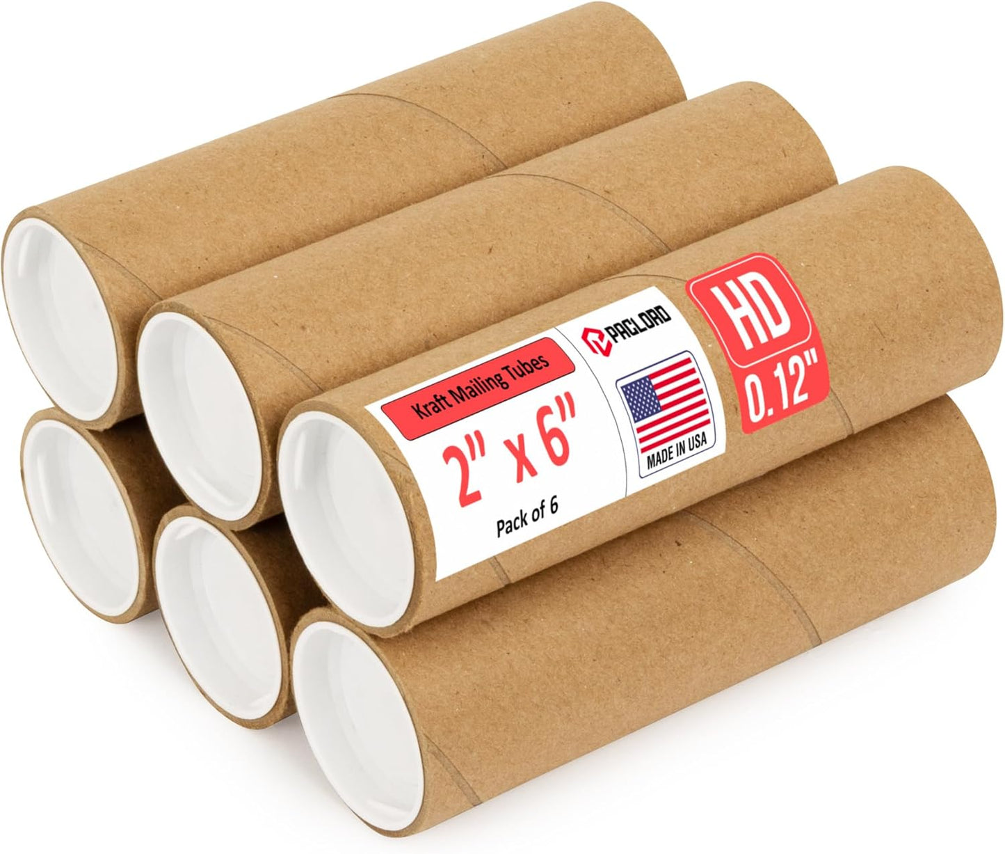 2" x 6" Heavy-Duty Reinforced Cardboard Mailing Tube, Pack of 6 Tubes with 12 Caps – Secure USPS Approved – Great for Shipping and Storing of Prints, Artwork, Posters or Documents