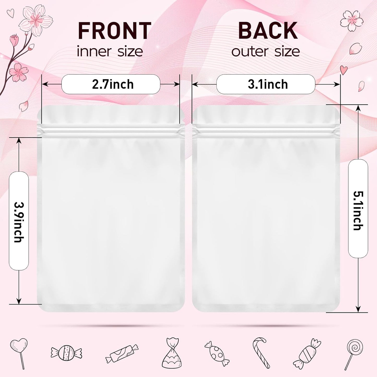 Funfery 100 Pack White Resealable Mylar Bags, Double Sided Color, Odor Proof, Pouch Baggies, Smell Proof, Foil Bag for Food Storage, Small Business (White, 3.1x5.1 inch)