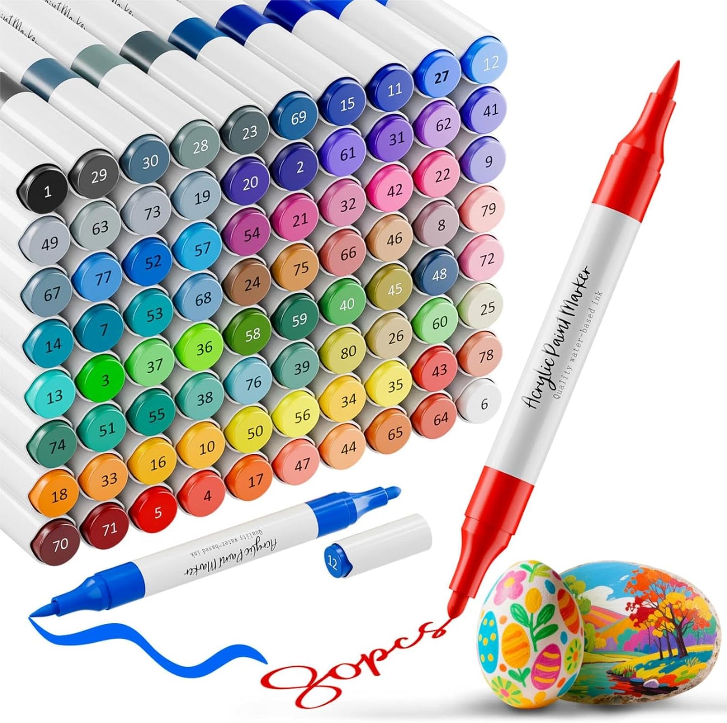 Acrylic Paint Markers,80 Colors Acrylic Markers,Dual Tip Paint Pens for Painting Rocks,Fabric,Wood, Glass,Coloring Books,Paper,DIY Crafts Art School Supplies for Adult,Drawing Pens