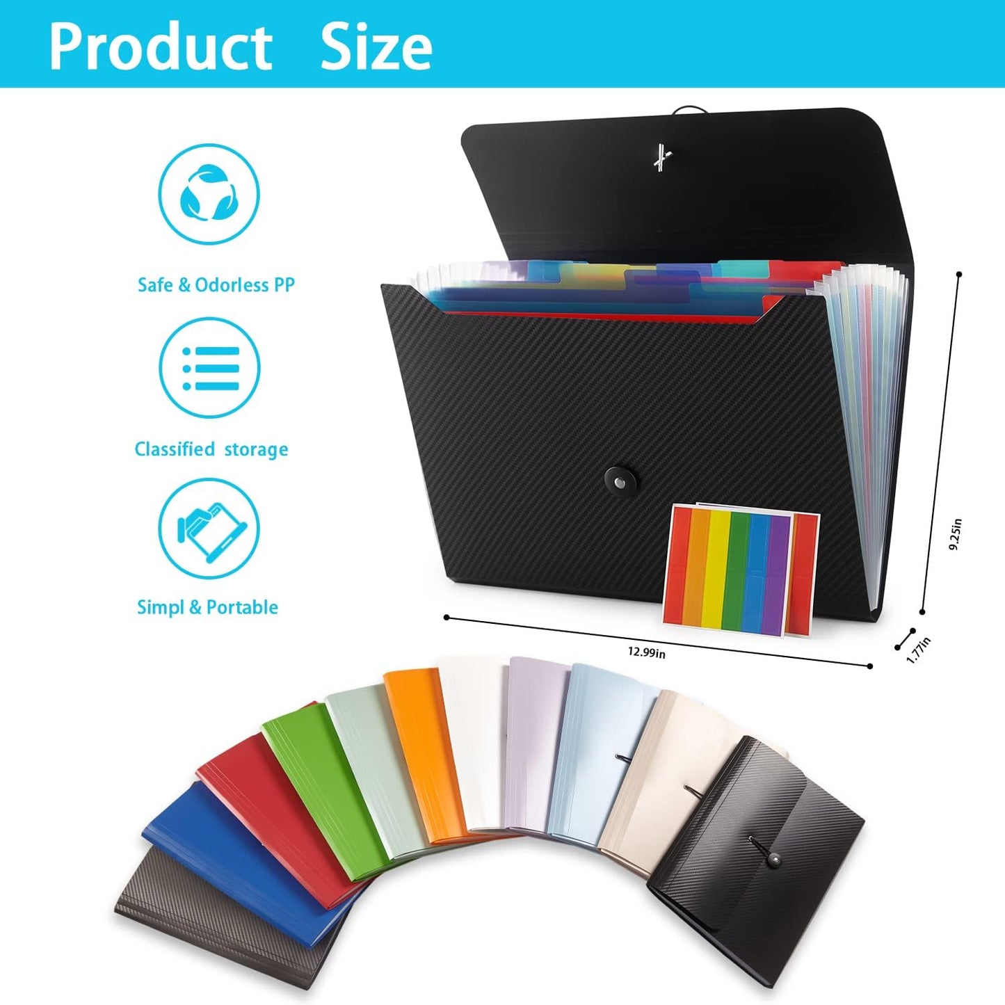 Expanding File Folder, 13 Pockets, Blue, Polypropylener,for Work, School, Home, Office
