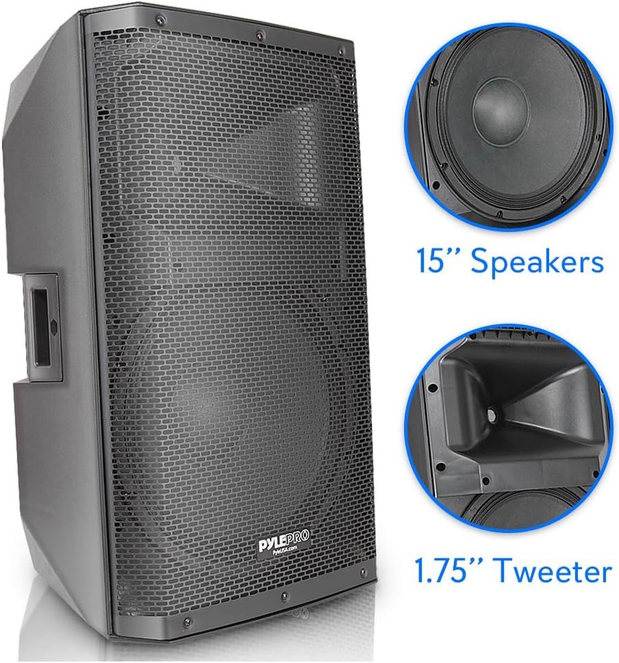 Pyle Bluetooth PA Monitor Speaker System - 1400 Watt indoor Outdoor Loudspeaker w/ 15 Inch Subwoofer, 1.75" Tweeter, 38mm Stand Mount Support, XLR - For DJ Party On-Stage - Pyle PADH15BTA Black