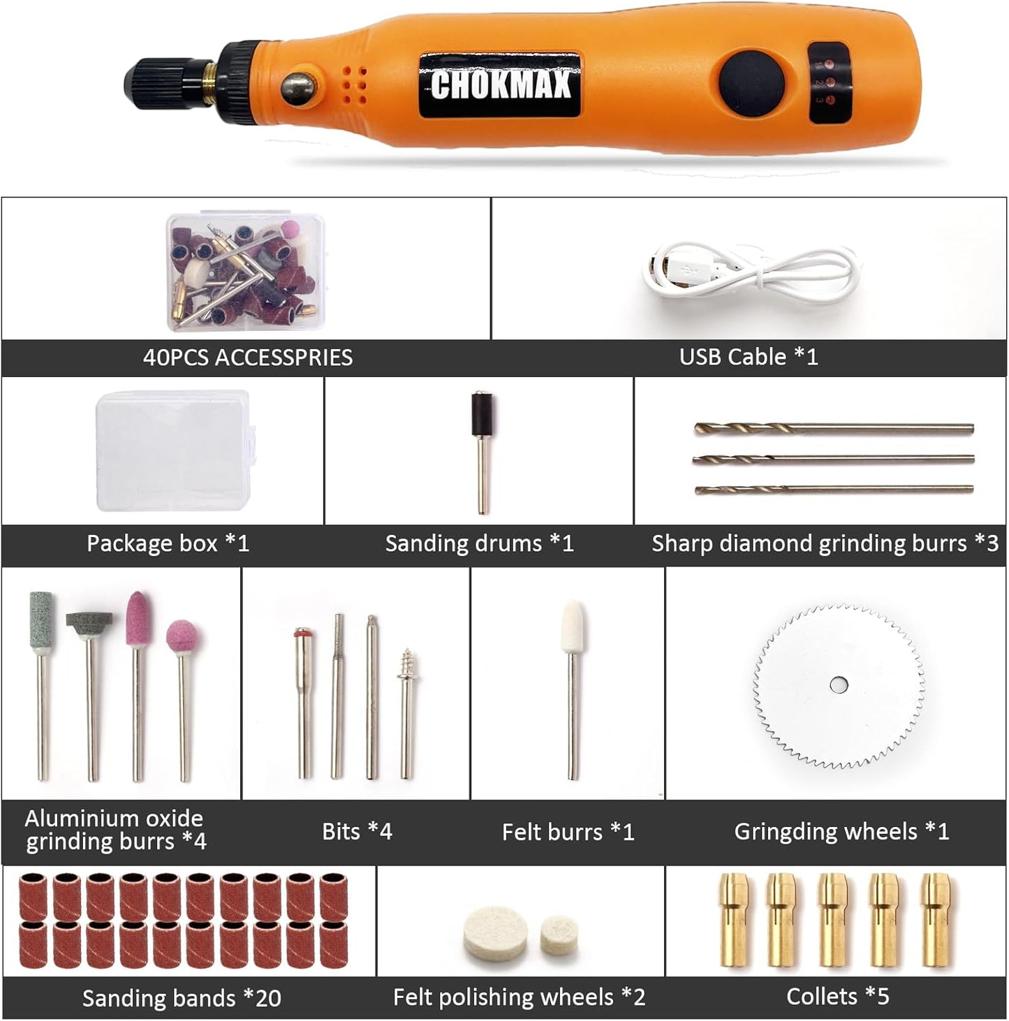 Cordless Rotary Tool, 3.7V Li-ion Mini Rotary Multi-Tool Kit with Variable Speed, 42pcs Accessories Kit Electric Rotary DIY Grinder for Polishing, Cleaning and Engraving Orange