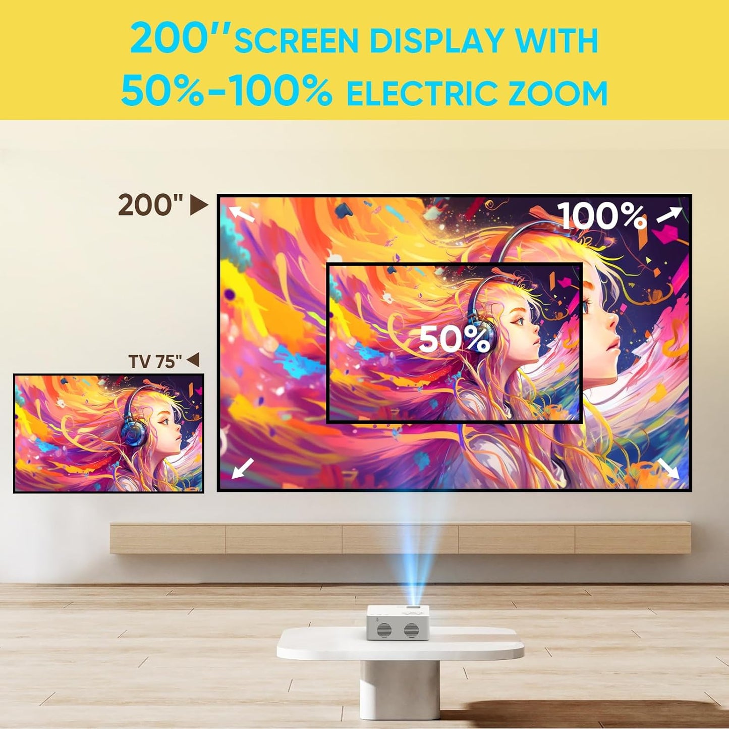 [2025 Built-in-Apps] PURSHE Smart Mini Projector with WIFI and Bluetooth, Full HD 1080P 4K Supported Portable Outdoor Movie Projector with Zoom, Home Cinema for Game/Phone/HDMI Devices (APP Version)