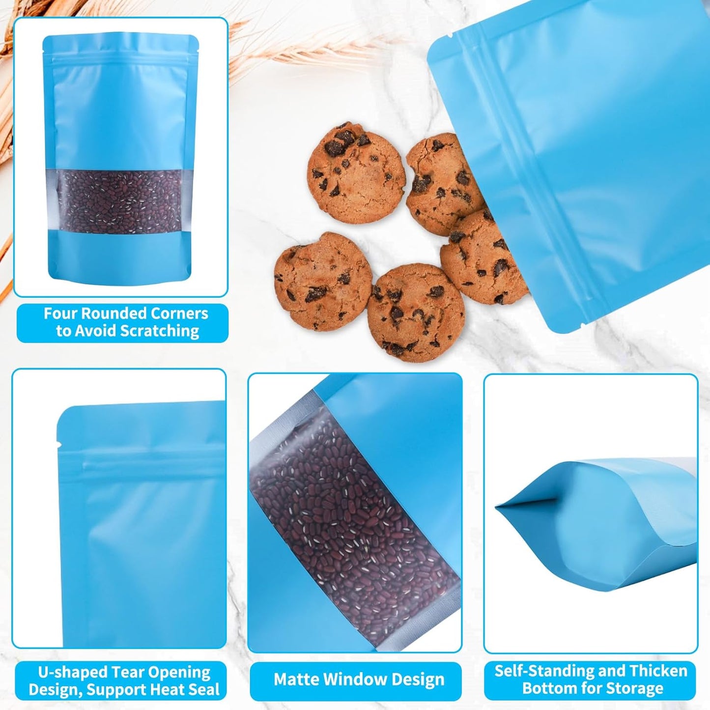 100 Pack Smell Proof Bags, Resealable Blue Mylar Bags with Matte Window, Foil Pouch Stand Up Sealable Bags for Packaging, 4.72 × 7.87 Inch
