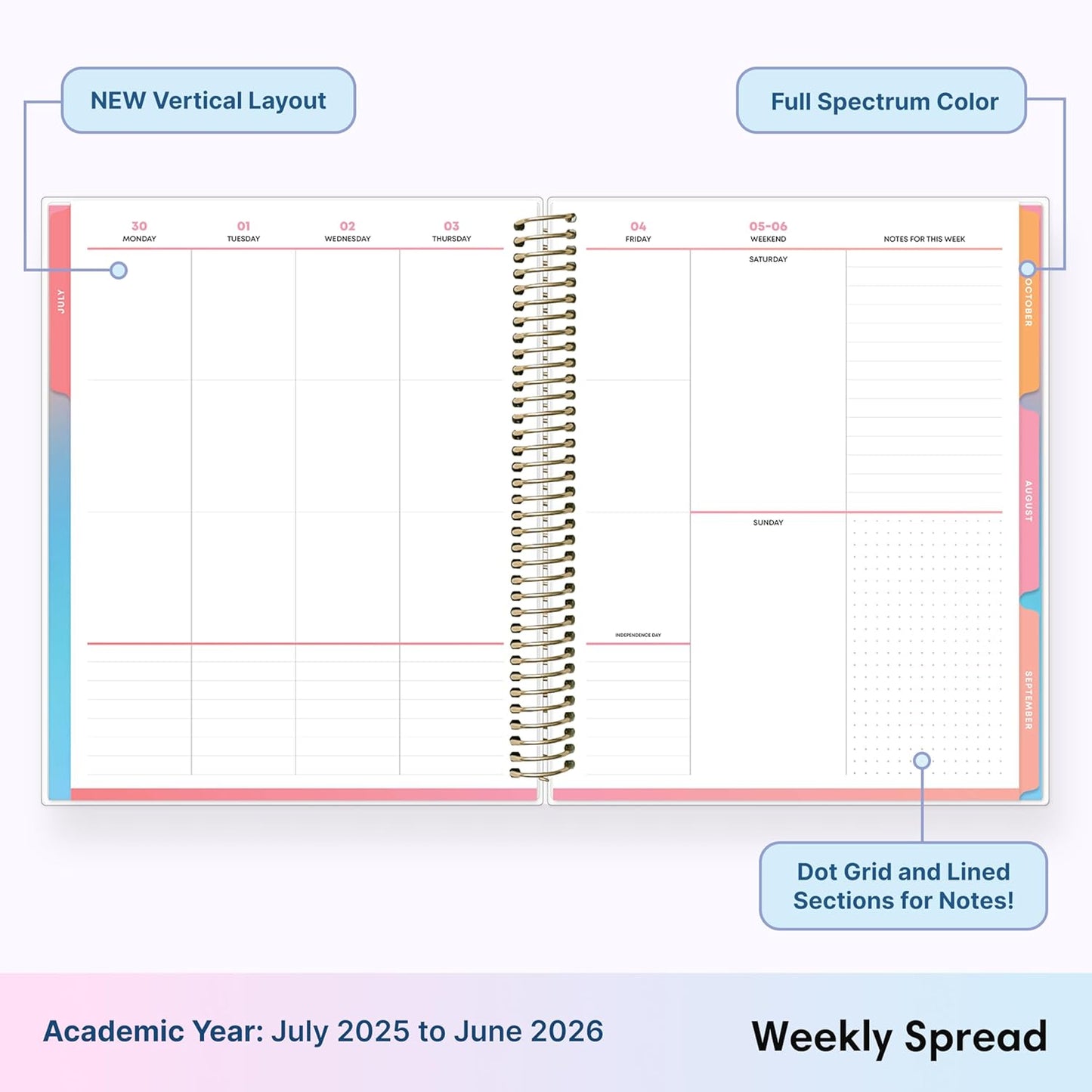 Blue Sky Livewell 2025-2026 Weekly and Monthly Academic Year Planner Calendar, July 2025 - June 2026, 7" x 9", Flexible Cover, Wirebound, Laminated Tabs, Storage Pocket, Includes Stickers, Rainbow