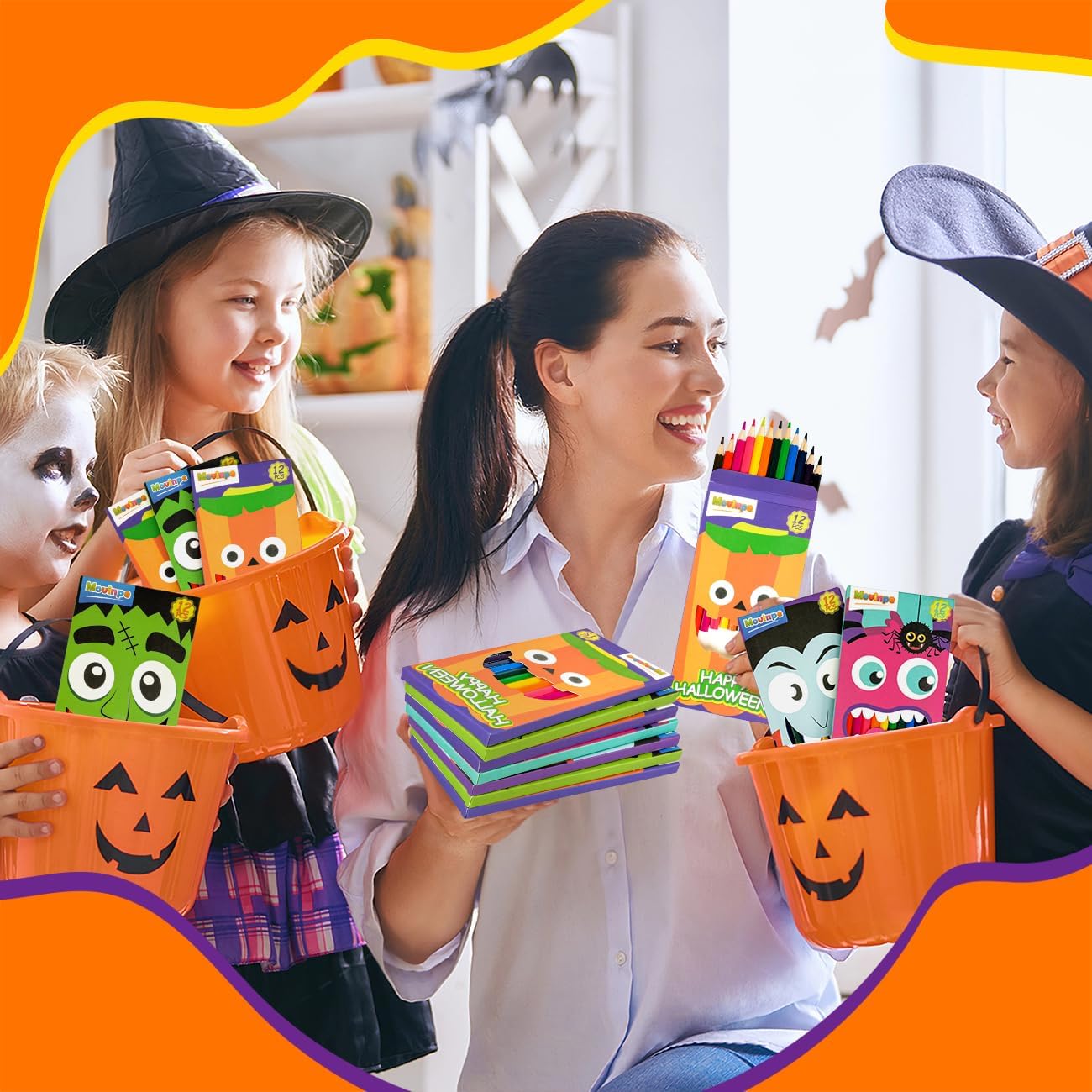 MOVINPE 288 Count Halloween Colored Pencils Bulk for Kids, 24-Box Pre‑Sharpened Colored Pencils 12 Vivid Colors Trick or Treating Party Favor Supplies Halloween Goody Bags, Classroom Gift Prize