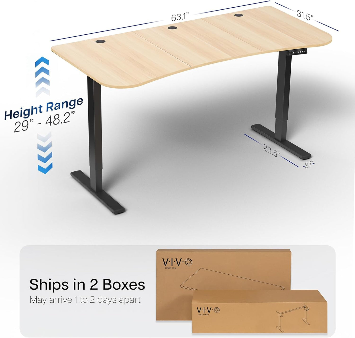 VIVO Electric 63 x 32 in Standing Desk, Memory Height Adjustment, 1B Series, Light Wood Top Black Frame, DESK-KIT-1B1C