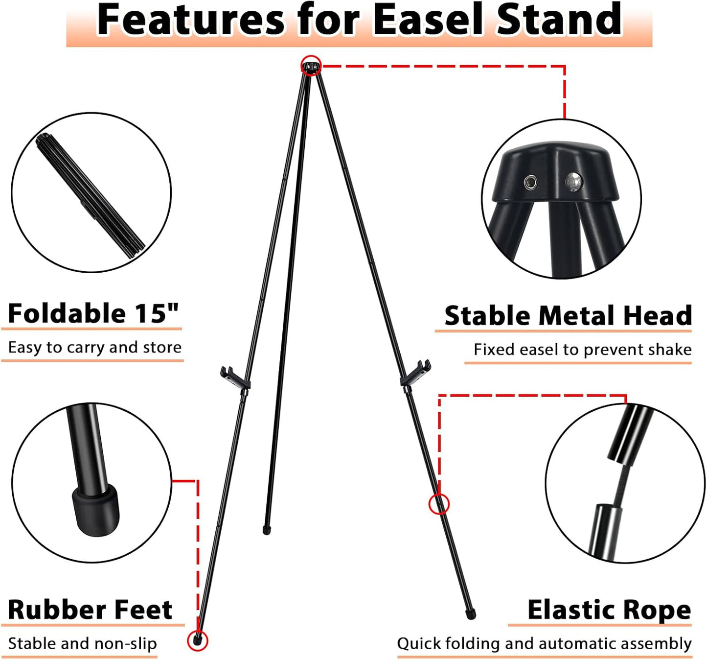 Instant Display Easel Stand & 63" Portable Artist Floor Easels - Easy Folding Telescoping Adjustable Art Poster Metal Easels for Painting Canvas, Wedding Signs, Posters (6 Pack)