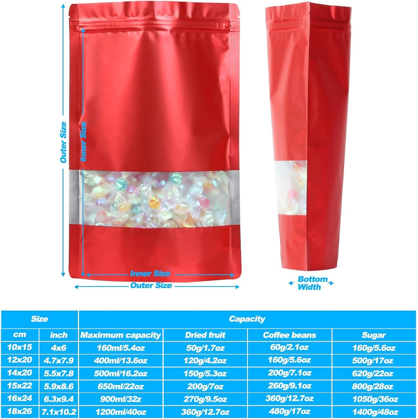 100 Pack Smell Proof Bags, Resealable Mylar Bags with Matte Window, Foil Pouch Stand-up Bags for Food Self Sealing Storage, Scratch Resistant Hand Storage Bags. (Red, 6.3×9.4 Inch)