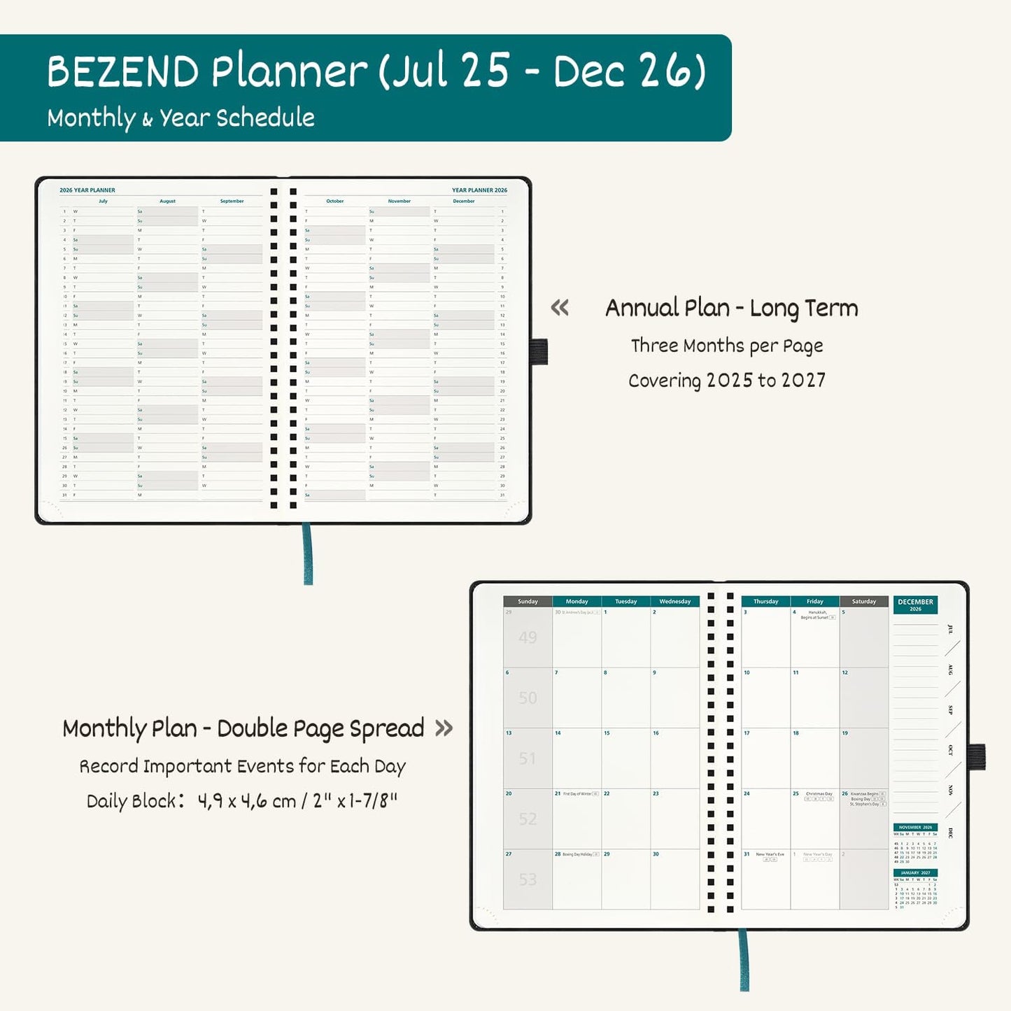 BEZEND Weekly Planner 2025-2026 with 2 Columns, 8.5" x 11" Academic Calendar 18 Months (Jul 25-Dec 26) Life Work Appointment Book with Monthly Tab, PU Leather Softcover Spiral - Prussian Blue