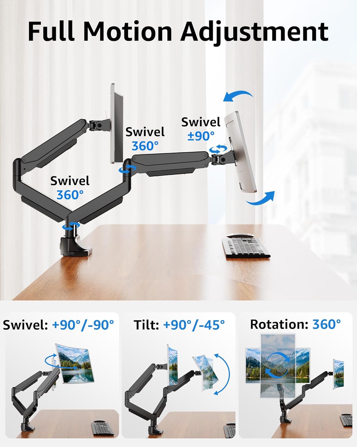 MOUNTUP Dual Monitor Mount fits 42 40 39 37 34 32 27 inch Ultrawide Screen, Holds 6.6-33lbs, Dual Monitor Arm Desk Mount, Heavy Duty Gas Spring Monitor Stand for 2 Monitors, with Clamp/Grommet Base