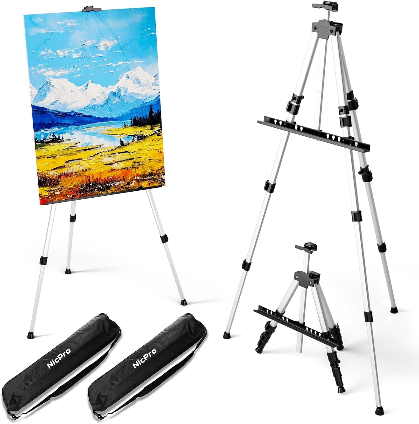 Nicpro Art Easel for Painting with Bag, Aluminum Metal Tripod Easel Stand for Sign, 2 Pack Silver Artist Easels Adjustable Height from17 to 66" for Table-Top/Floor Painting, Display, Poster, Canvas
