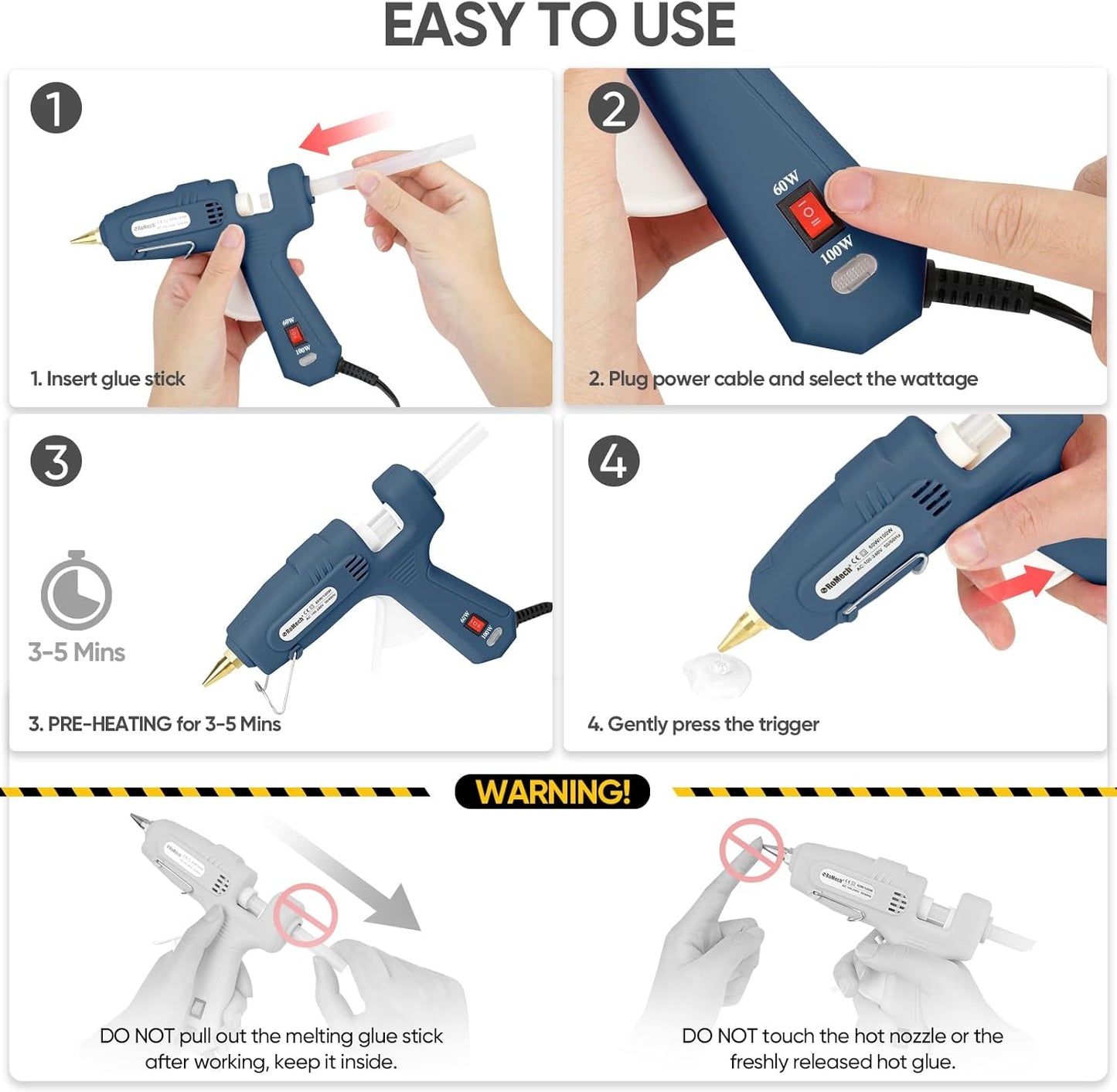 ROMECH Full Size Hot Glue Gun with 60/100W Dual Power and 21 Hot Glue Sticks (7/16"), Fast Preheating Heavy Duty Industrial Gluegun with Storage Case for Crafting, DIY and Repairs (Blue)