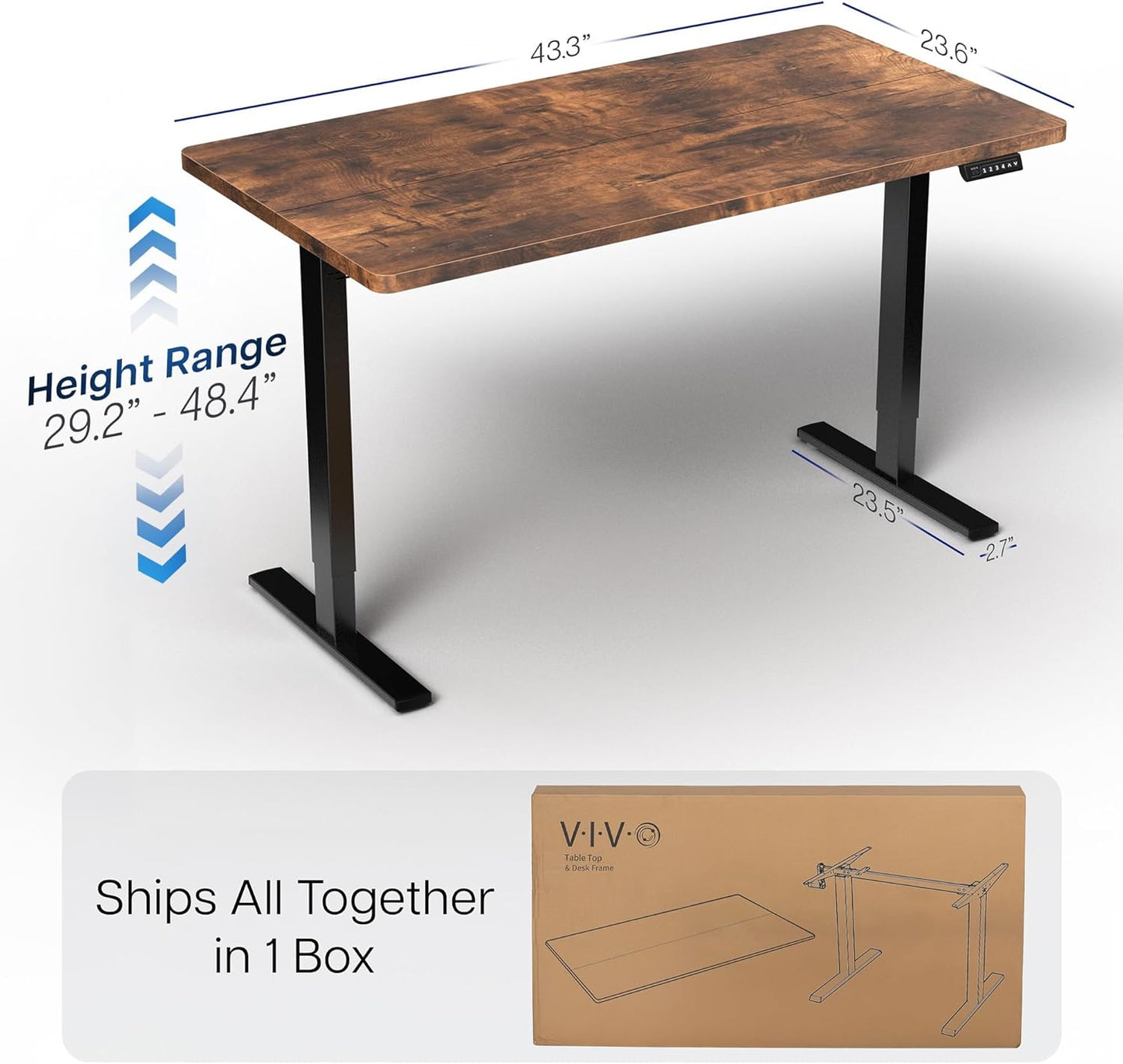 VIVO Electric 43 x 24 in Standing Desk, Memory Height Adjustment, 1B Series, Rustic Vintage Brown Top, Black Frame, DESK-1B4N