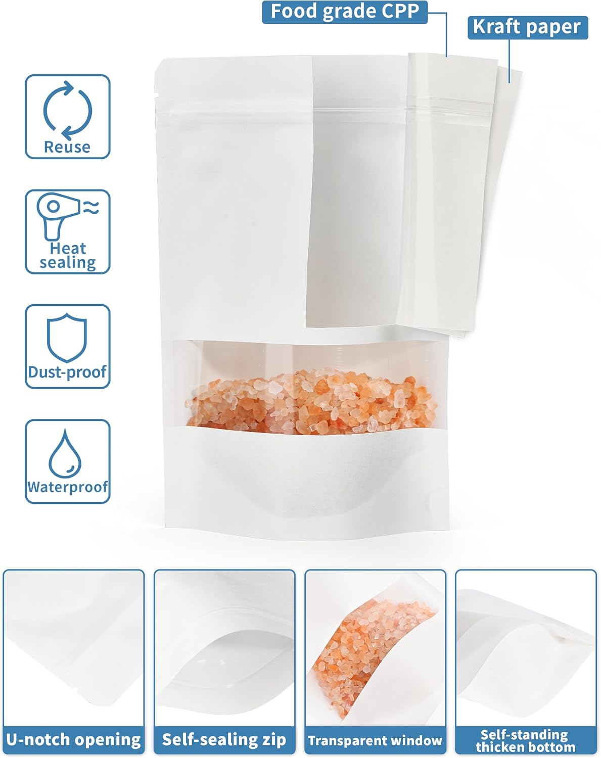 FireKylin 100 Pcs White Paper Bags with Window, 3.5/inch x 5.5/inch Stand Up Pouches Bag, Zipper Food Storage Bags for Packaging Products, Reusable, Sealable