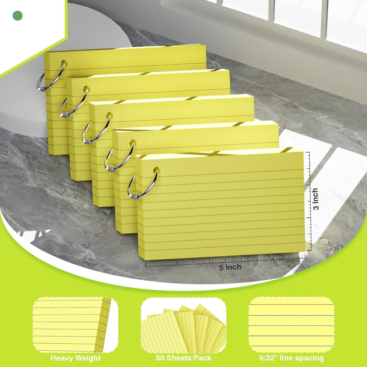 250 Count Yellow Index Cards with Ring 3 x 5 Inch Heavyweight Ruled Index Cards, Flash Cards for School & Office Supplies and Home Organization, Durable Study To Do List Note Cards with Ruled Lines