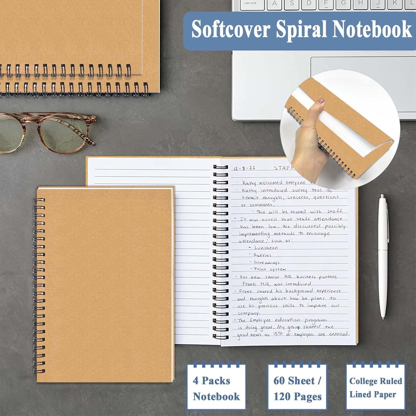 GINMLYDA 4Pack Small Spiral Notebook A5, 8.25x5.5” 120 Lined Pages Wide Ruled Spiral Journal Bulk Blank Kraft Cover Spiral Bound Notebook & Writing Pads for Home Office Meeting Work Note Taking
