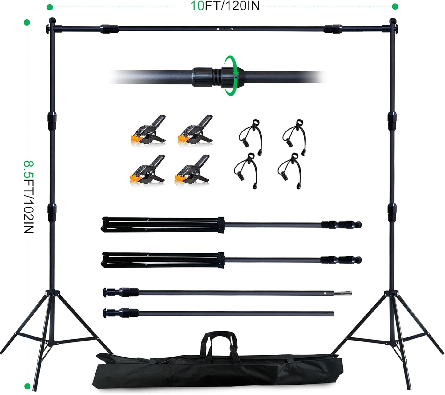 2-in-1 Green Backdrop Stand Kit - 8.5x12 ft Green Backdrop with 10x8.5ft Portable Photography Stand for Video Streaming,Zoom Meetings,Parties,Anti-Wrinkle Polyester Fabric