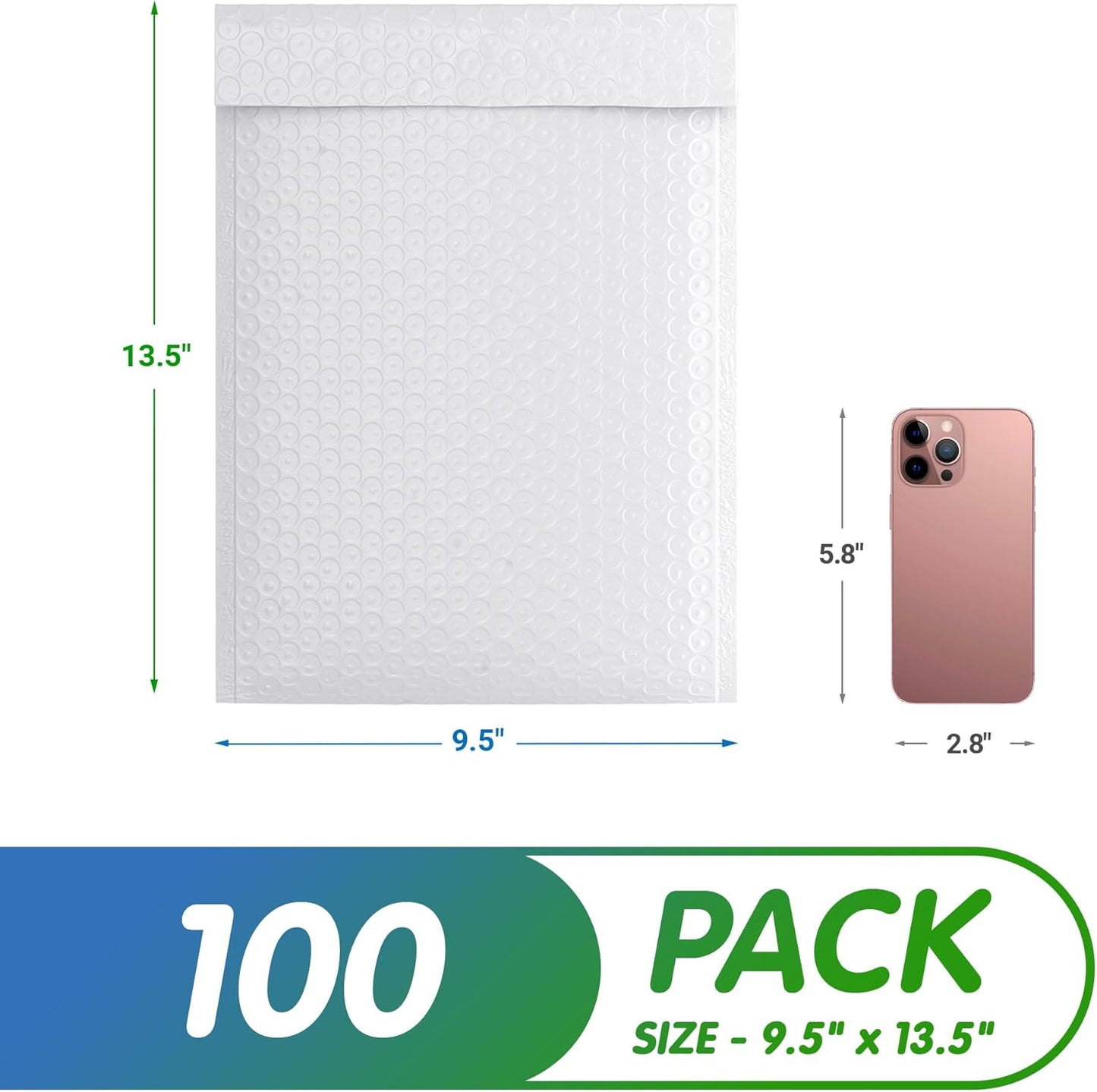 White Poly Bubble Mailers Self Seal, 9.5 x 13.5 Inch. Pack of 100 Bubble Packaging Envelopes for Shipping. Durable Padded Envelopes Waterproof. Self Seal Padded Mailers. Shipping Packages