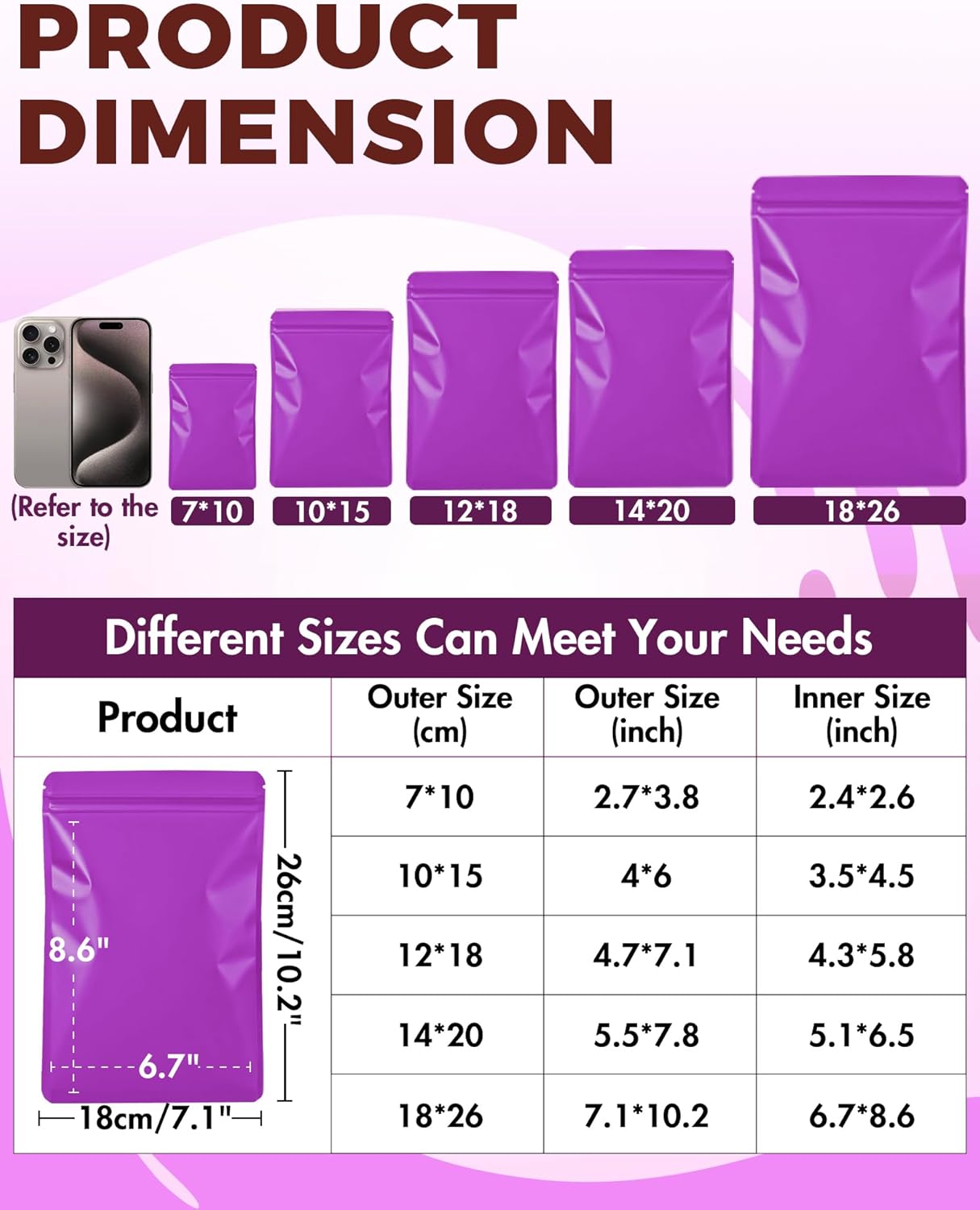FireKylin 100 Pack Resealable Packaging Bags for Small Business Double-Sided Color Smell Proof Bags for Food Storage Flat Bag (Purple, 7.1" x 10.2")