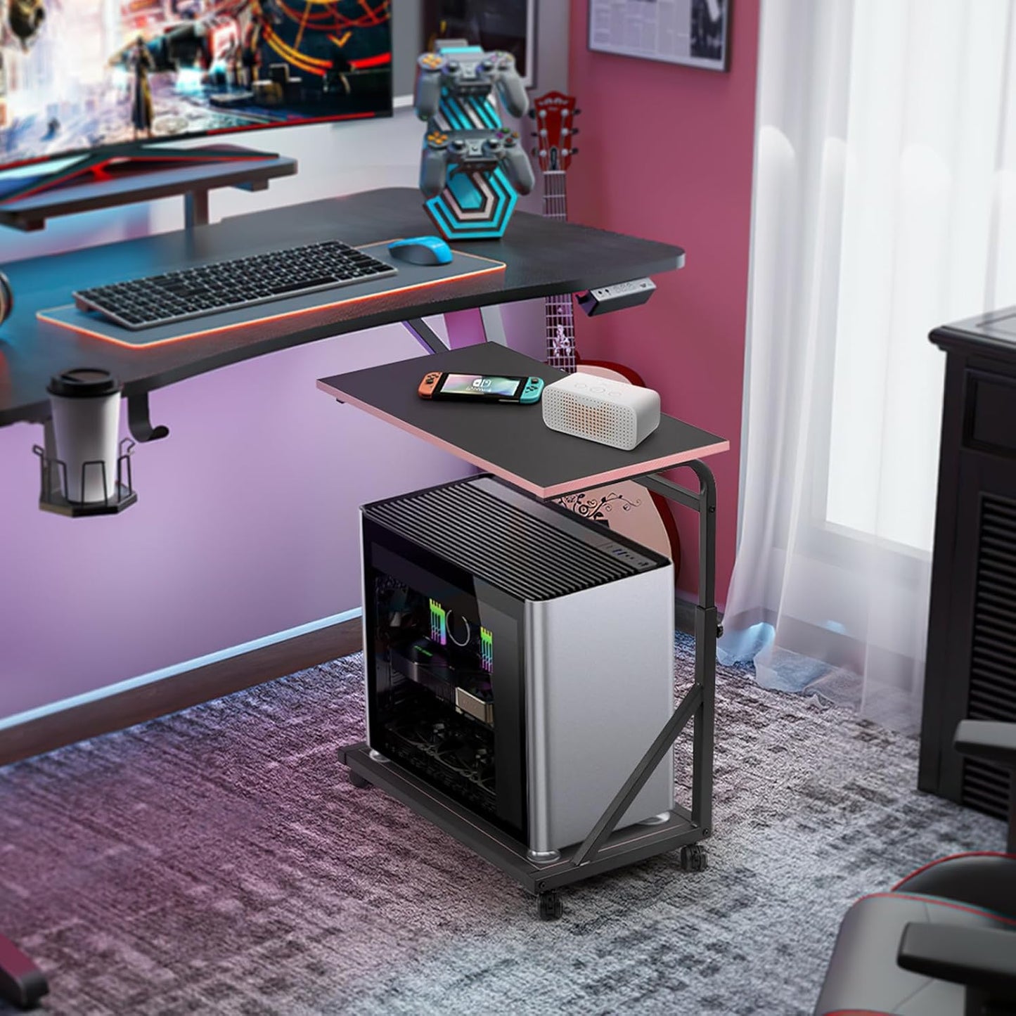 Ergonomic Height Adjustable Computer Tower Stand, 2-Tier CPU Holder Cart Under Desk, PC Floor Stand for Office Gaming Black and Pink