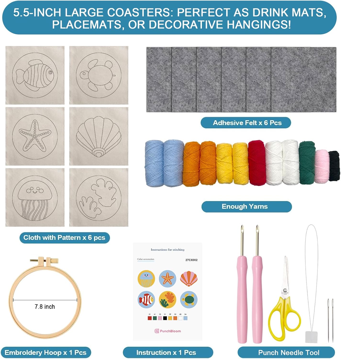Punch Needl Kit for Adults Beginners, 6-Piece Marine Life Punch Coaster Starter Kit – Easy Embroidery Stitch Craft Set with Instructions – Fun Needle Point Tufting for Table Decor & Festival Gifts