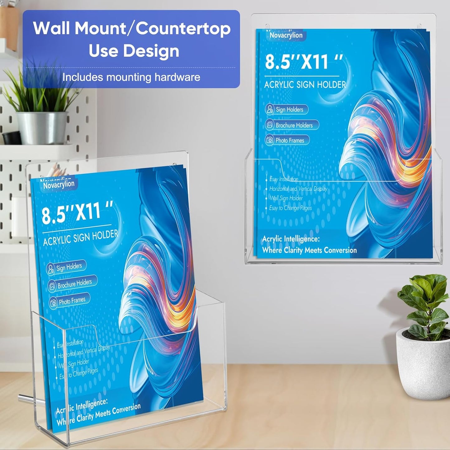 Acrylic Brochure Holder Wall Mount 8.5x11 – Clear Trifold Rack, Detachable Magnetic Rod, Easy-Carry Design for Wall or Desktop Display in Office, Retail, Trade Shows (4 Pack)