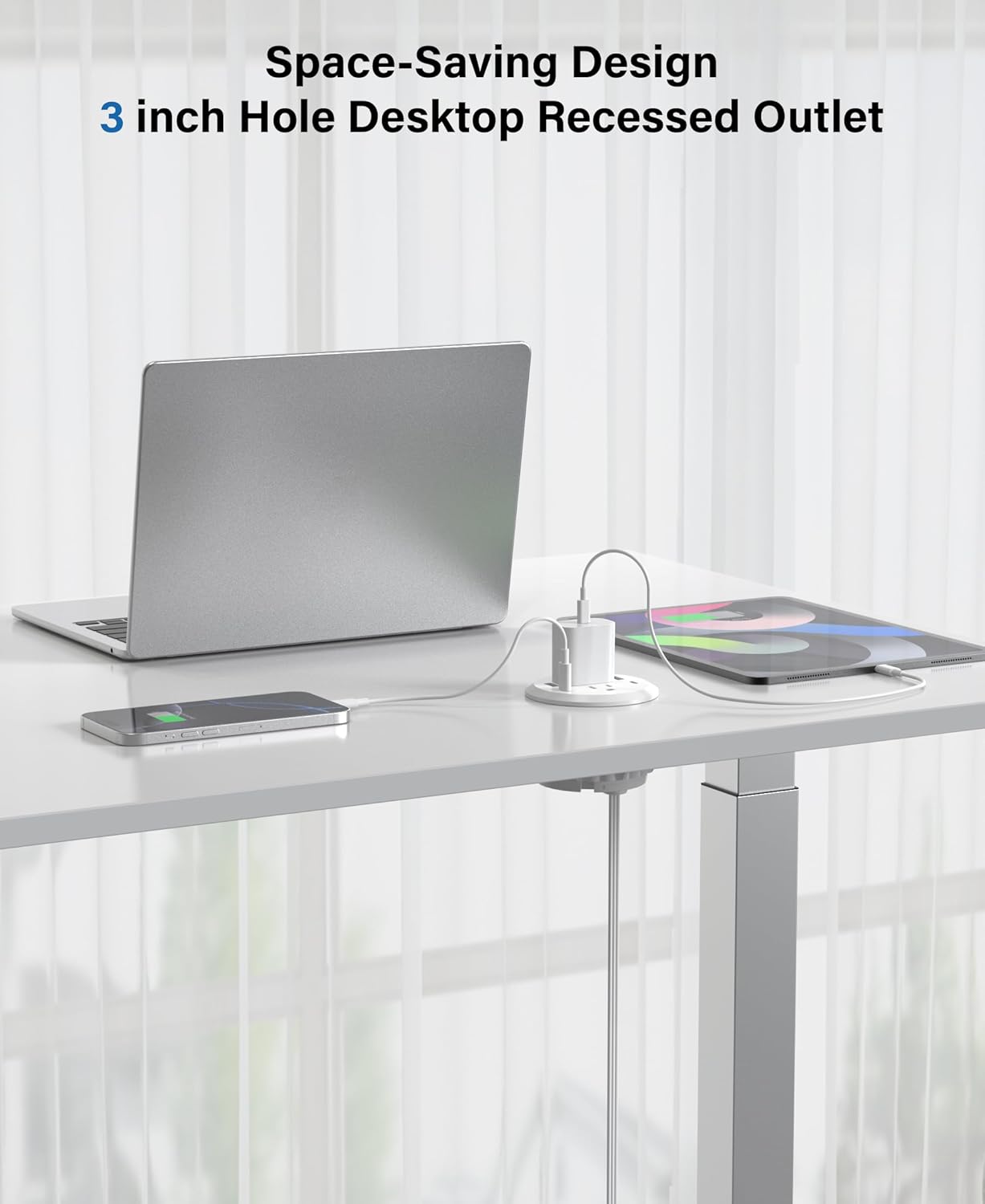3 inch Desktop Power Grommet with PD 20W USB C,Furniture Recessed Power Strip,2 Outlets,4 USB Ports,40W Total,Flush-Mount for Desktop, Workspace Essential Desk Outlet (White, 6 FT Cable)