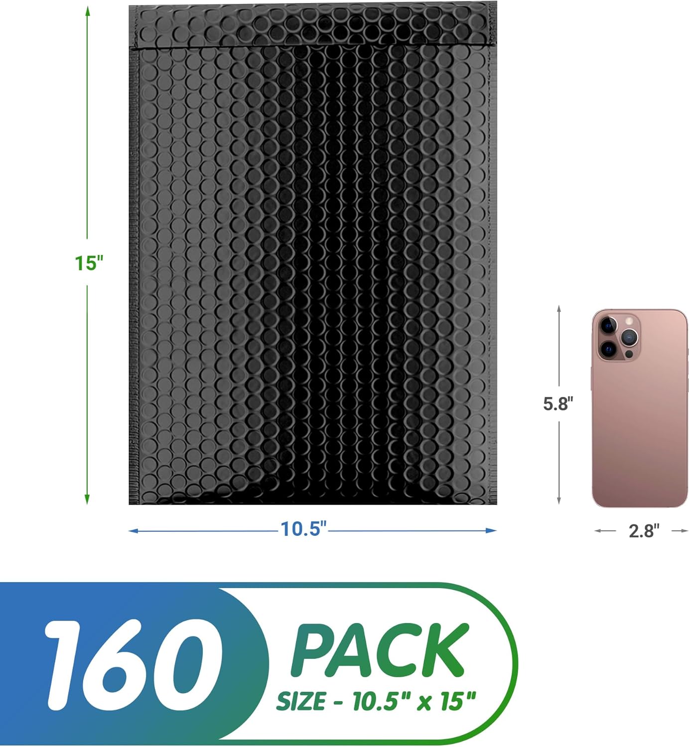 Matte Black Poly Bubble Mailers Self Seal, 10.5 x 15 Inch. Pack of 160 Bubble Packaging Envelopes for Shipping. Durable Padded Envelopes Waterproof. Self Seal Padded Mailers. Shipping Packages