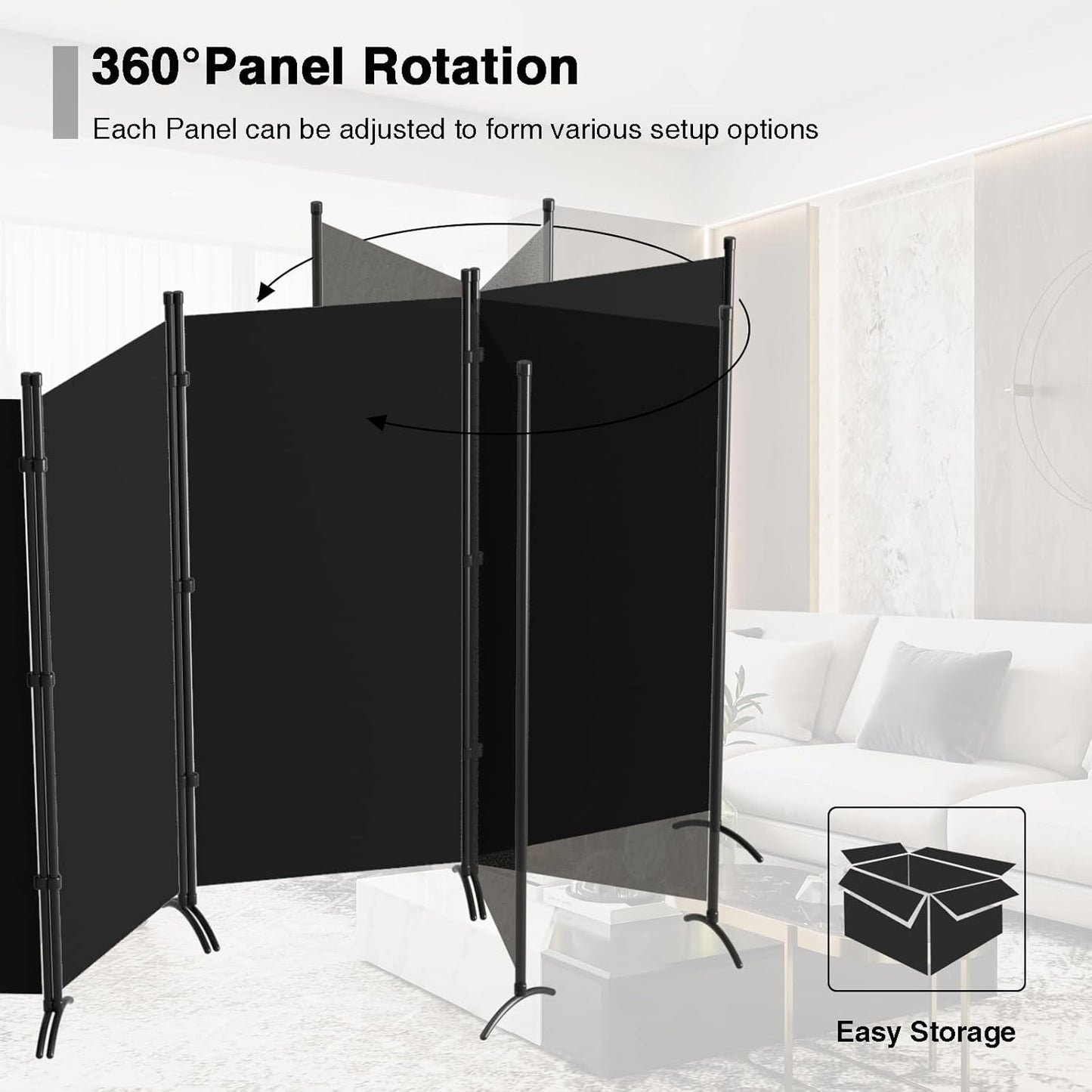 6 Panel Room Divider, 6FT Portable Room Dividers Folding Privacy Screens, 198" W Freestanding Fabric Divider for Room Separation, Partition Room Divider Panel for Dorm Home Studio Office, Black