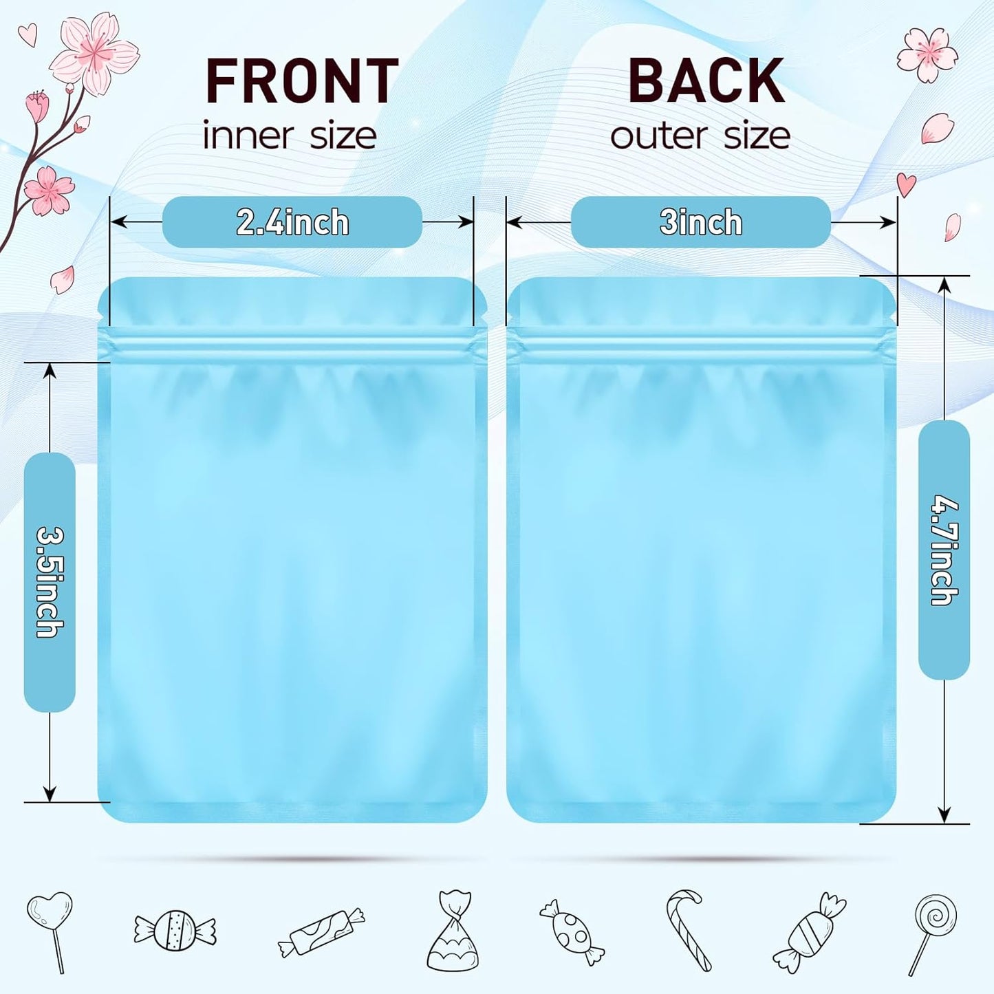 Funfery 100 Pack Blue Mylar Packaging Bags Resealable Bags Double Sided Color Odor Proof Pouch Baggies Smell Proof Foil Bag for Food Storage,Small Business(Blue,3x4inch)