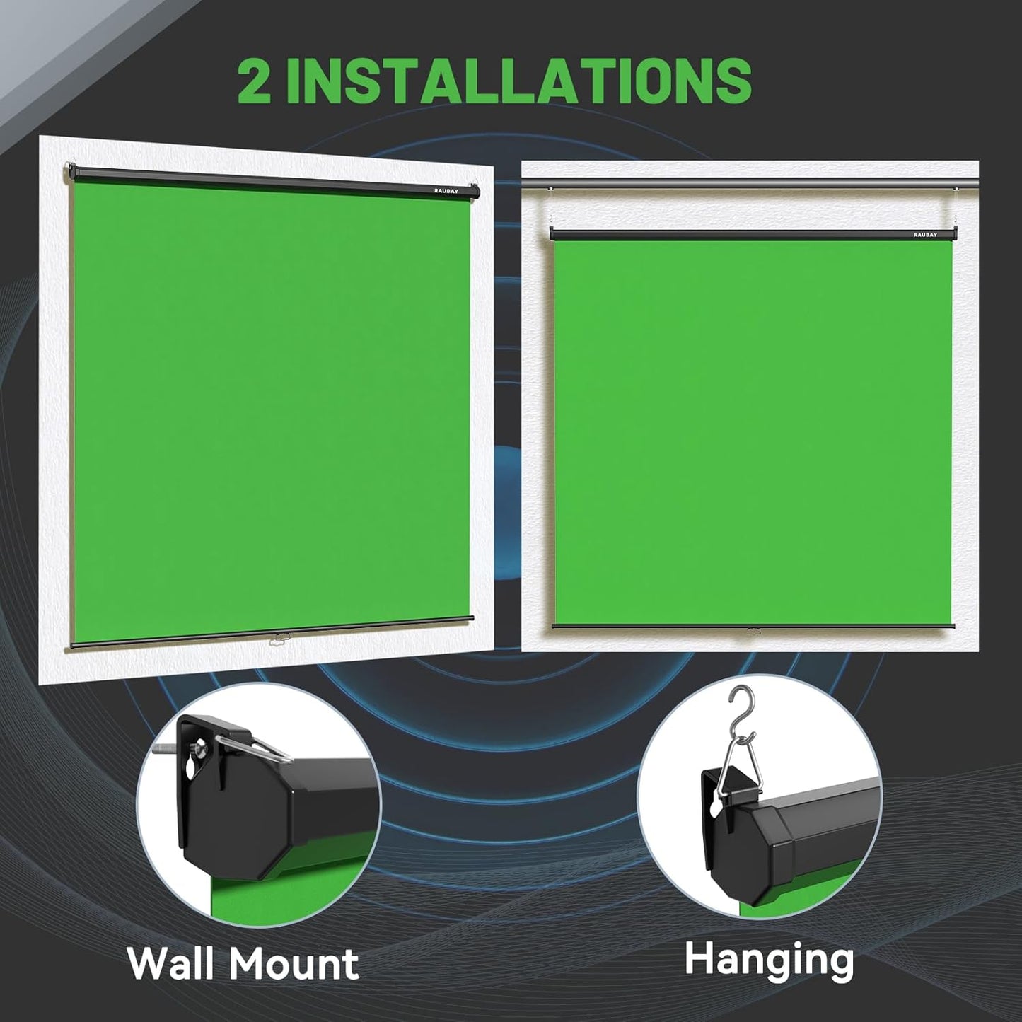 RAUBAY Retractable Pull Down Green Screen - 78.7" x 86.6" Collapsible Wall-Mount Background for Professional Video Production, Chroma Key Backdrop for YouTube, TikTok, Streaming, Video Conferencing