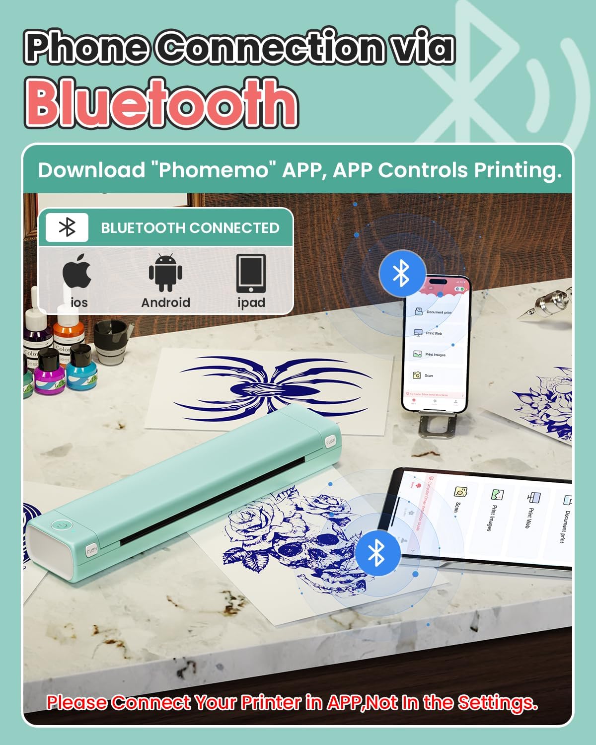 Phomemo Tattoo Stencil Printer, M08F Wireless Thermal Tattoo Printer with 10pcs Transfer Paper, Compatible with Phone/Tablet/PC, Tattoo Supplies for Tattoo Artists & Beginners, Green