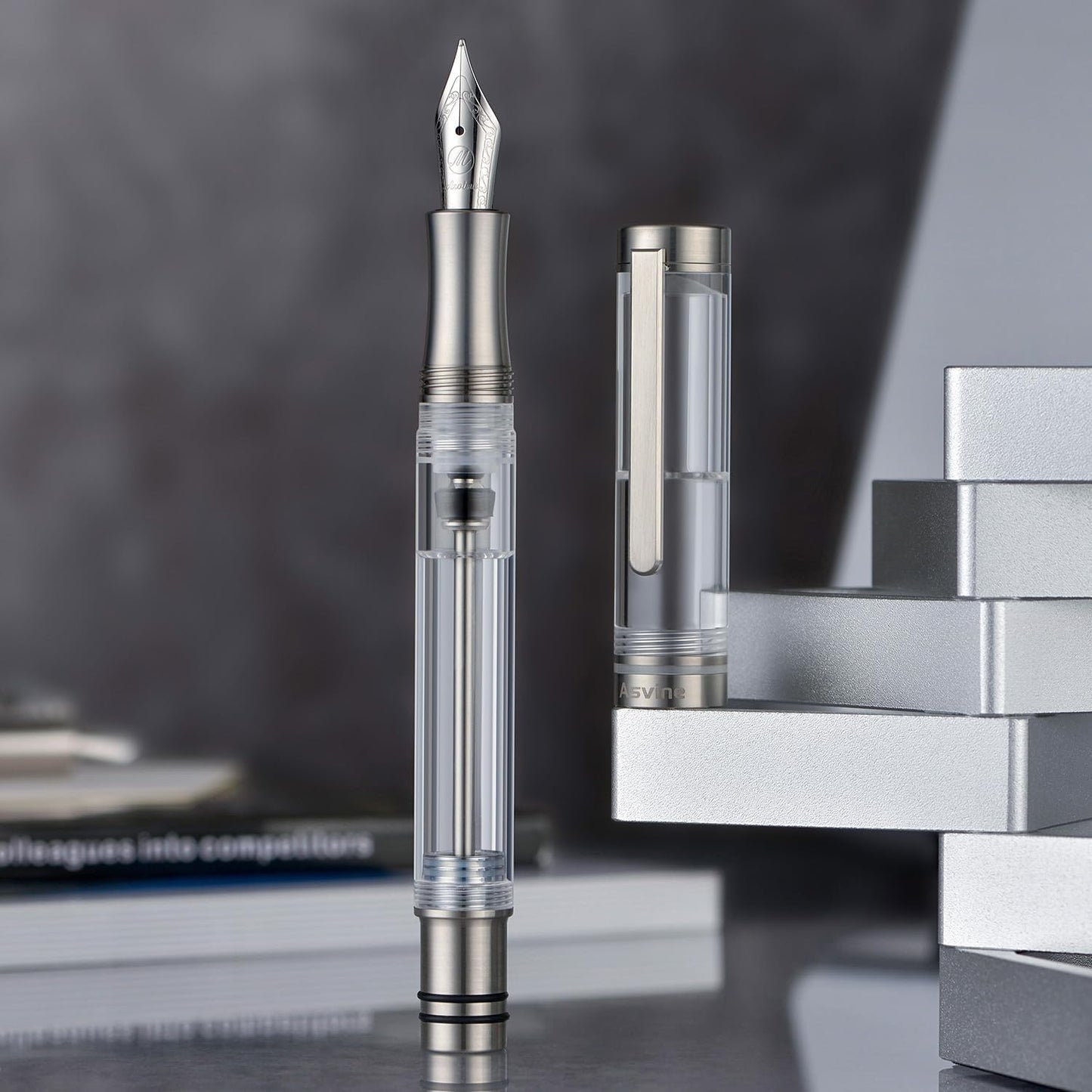 Asvine V200 Titanium Fountain Pen Vacuum Filling, Iridium Extra Fine Nib Clear Transparent Acrylic Smooth Writing Pen Case Set