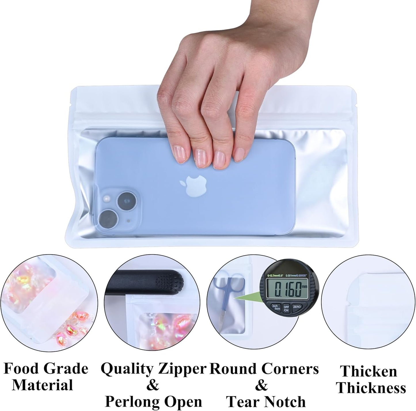 Resealable Mylar Pouch Holographic Bag Great for Office Home Party Favor Food Storage Cookies Sample Jewelry Snack (100PCS, White Color, 5 x 8.6 inch)