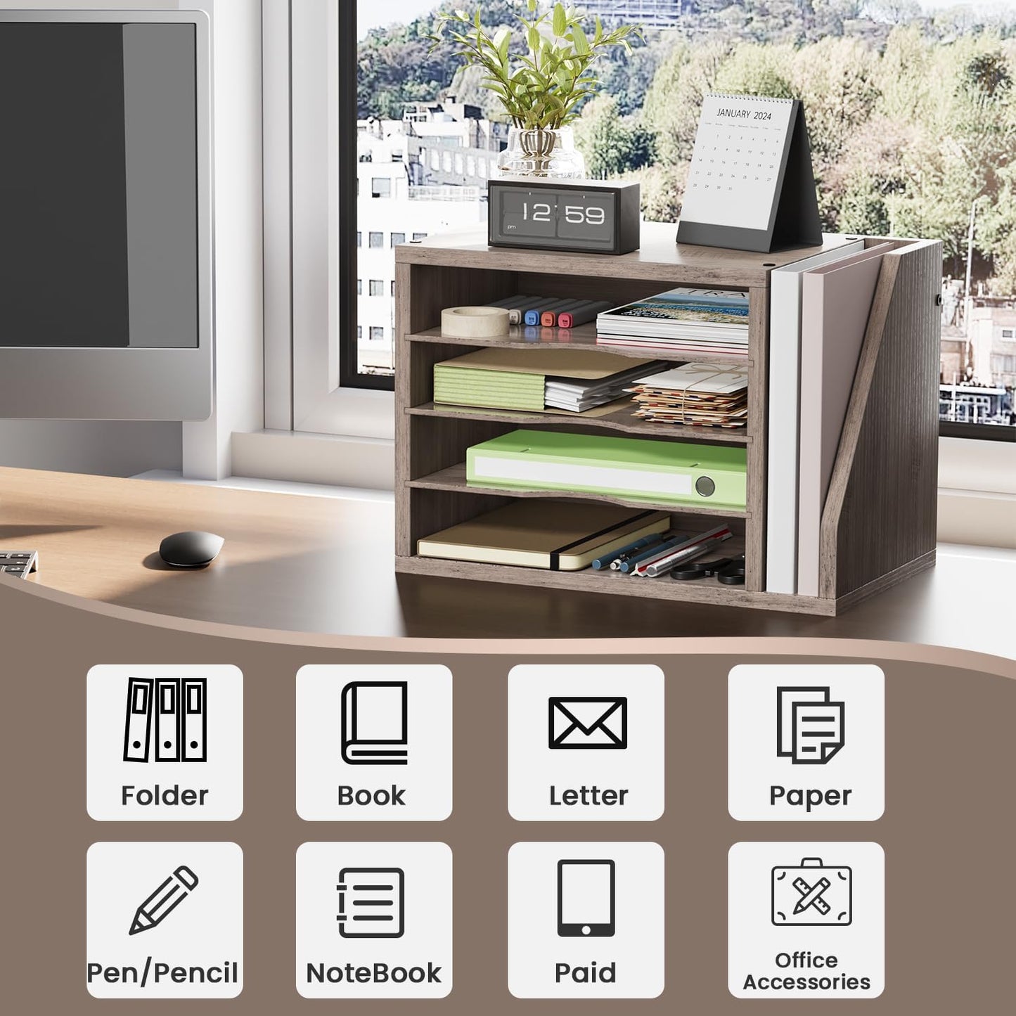 File Organizer Desktop, Wood Desk Organizer with 3 Adjustable Shelves, Mail Paper Sorter for Office, Home, File Holders for Envelopes, Mail Supplies or Magazines, Greige