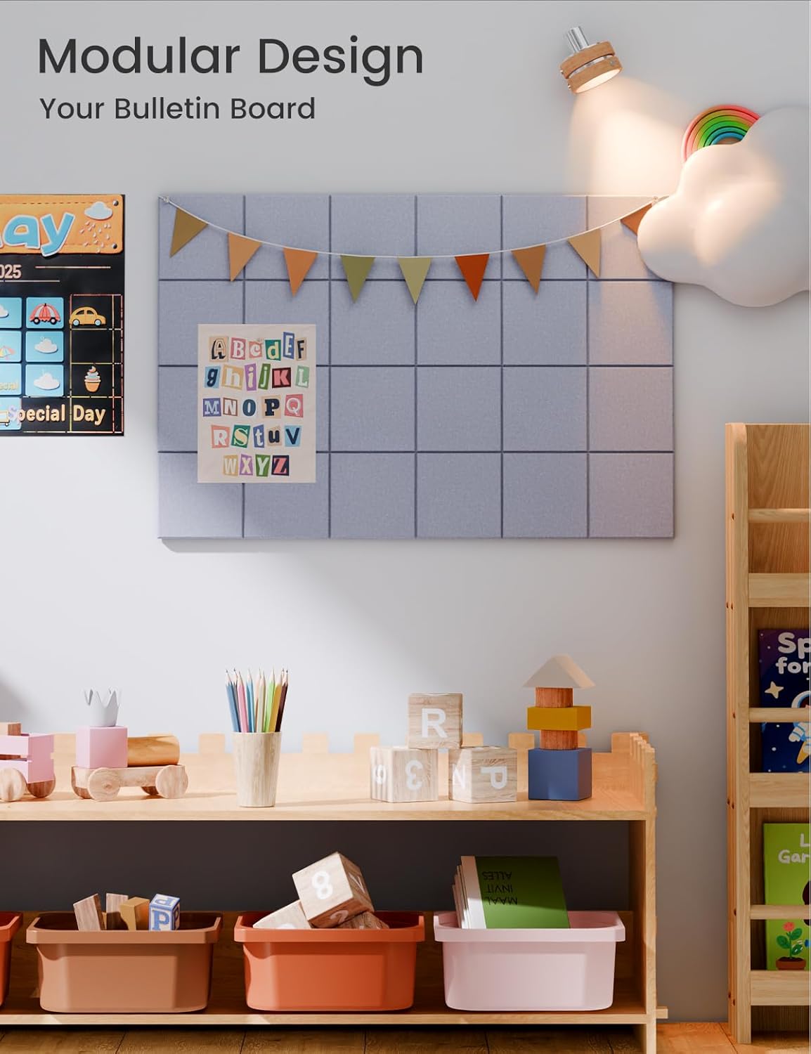 Felt Bulletin Board Tiles -28"x18" Cork Board Alternative for Office Decor, Push Pin Board Wall Organizer 6-Pack-Soft Periwinkle