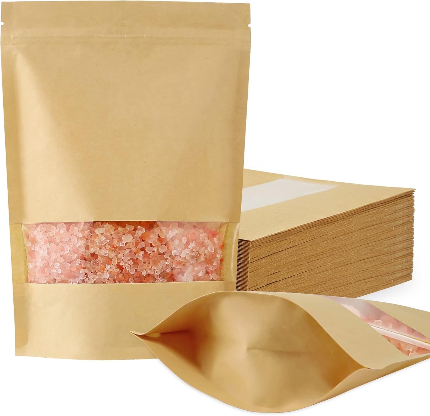 FireKylin Brown Paper Bags Stand Up Pouches Zipper Reusable Sealable 100 Pcs, with Window, 5.5" x 7.9", Food Storage Bags, for Packaging Products