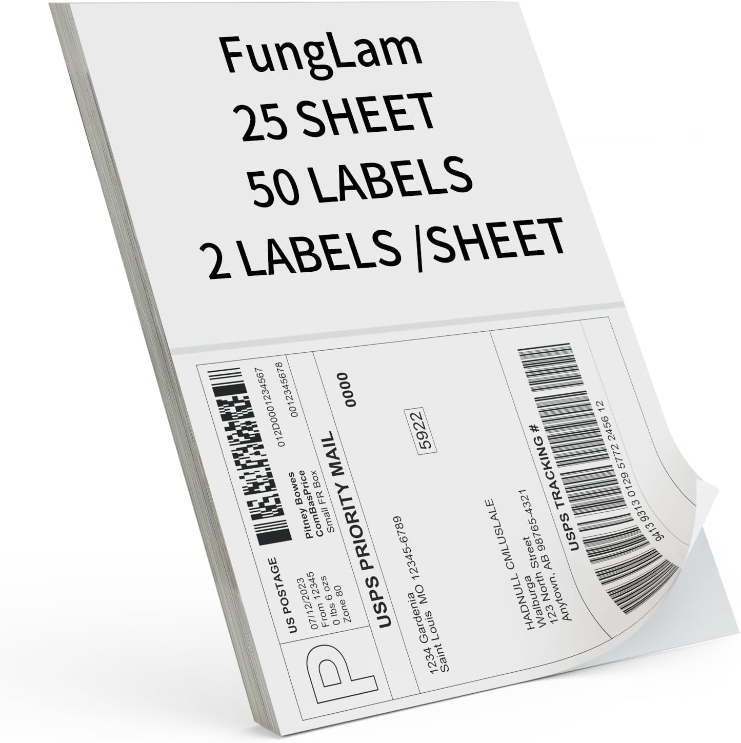 Half Sheet Shipping Labels 8.5x5.5 Inches, FungLam Half Page Labels, 8.5”x11” Self Adhesive Shipping Labels for Laser&Inkjet Printers, White Mailing Address Labels, 2 Labels Per Sheet, 50 Labels.