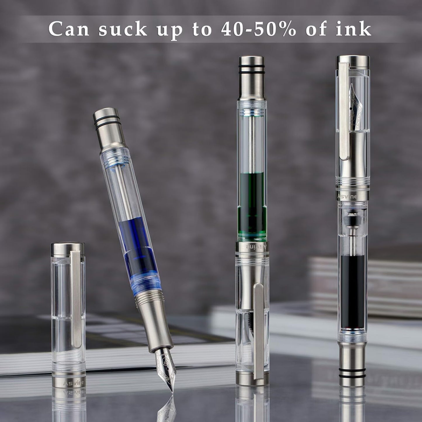 Asvine V200 Titanium Fountain Pen Vacuum Filling, Iridium Medium Nib Clear Transparent Acrylic Smooth Writing Pen Case Set