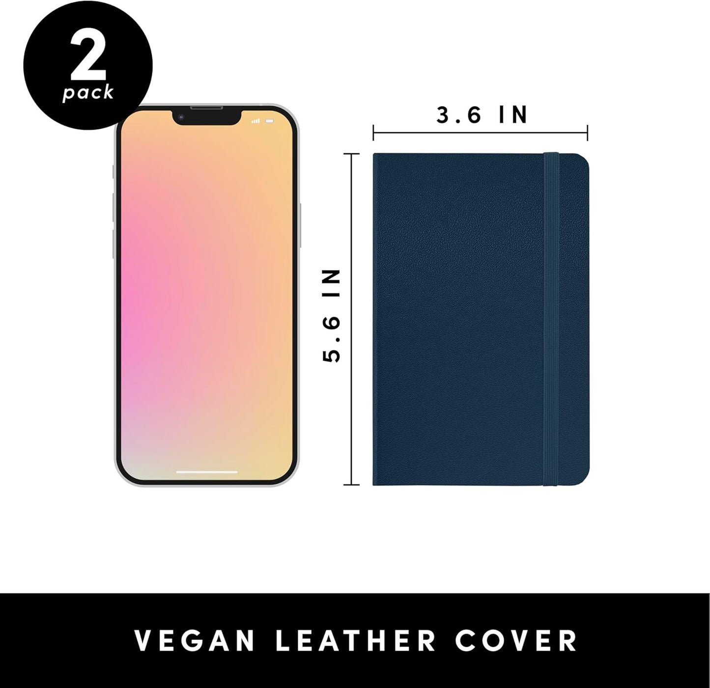 PAPERAGE Lined Pocket Journal Notebook, 2 Pack, (Navy), 160 Pages, Small Notebook, 3.6 inches x 5.6 inches - 100 GSM Thick Paper, Hardcover