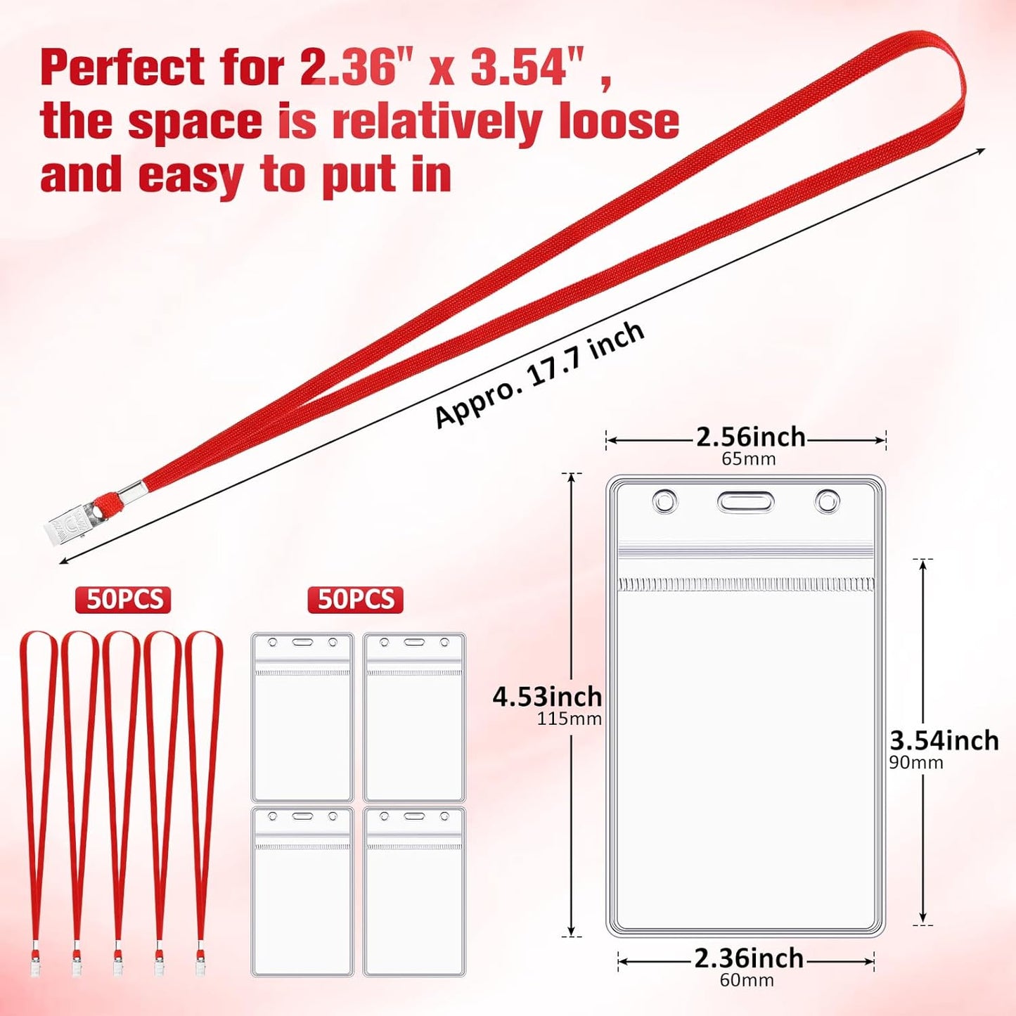 Marspark 100 Pcs Name Tag Lanyards with ID Holder Lanyards for ID Badges Resealable Flat Neck Name Tag with Clip Waterproof Plastic Clear Badges Bulk for School Office Supplies (Red)