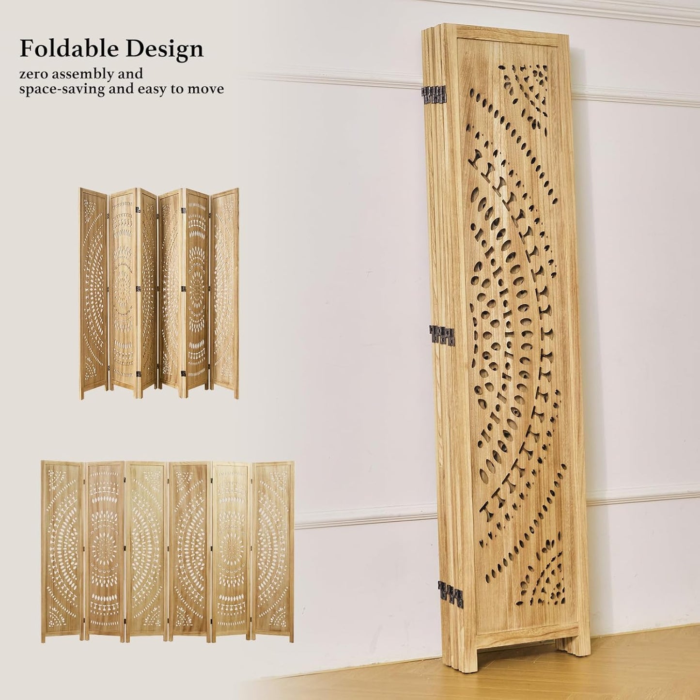 66.9Inch Folding Room Divider, 6 Panels Wood Carved Privacy Screens, Free Assembled Freestanding Partition for Home Office Restaurant Bedroom (Natural)