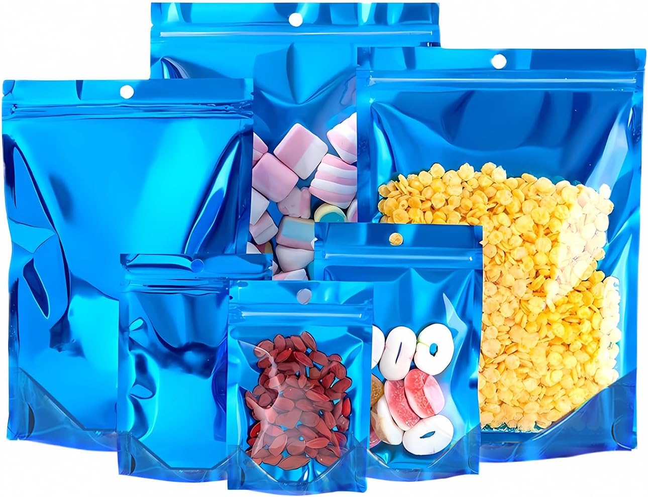 100 PCS Smell Proof Mylar Bags, Resealable Packaging Sealable Bags Stand Up Aluminum Foil Pouch Bags with Clear Window for Food Storage, Jewelry,Cookie,Small Business Packaging (Blue, 6.3 x 9.5 Inch)