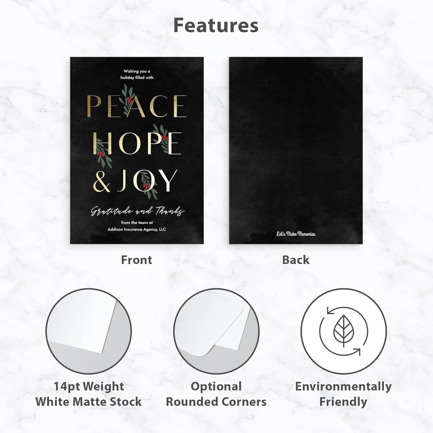 Let's Make Memories Personalized Business Christmas Cards with Envelopes - Premium Quality - 5x7-2025 Holiday Cards & White Envelopes - Peace, Hope & Joy - 200 ct