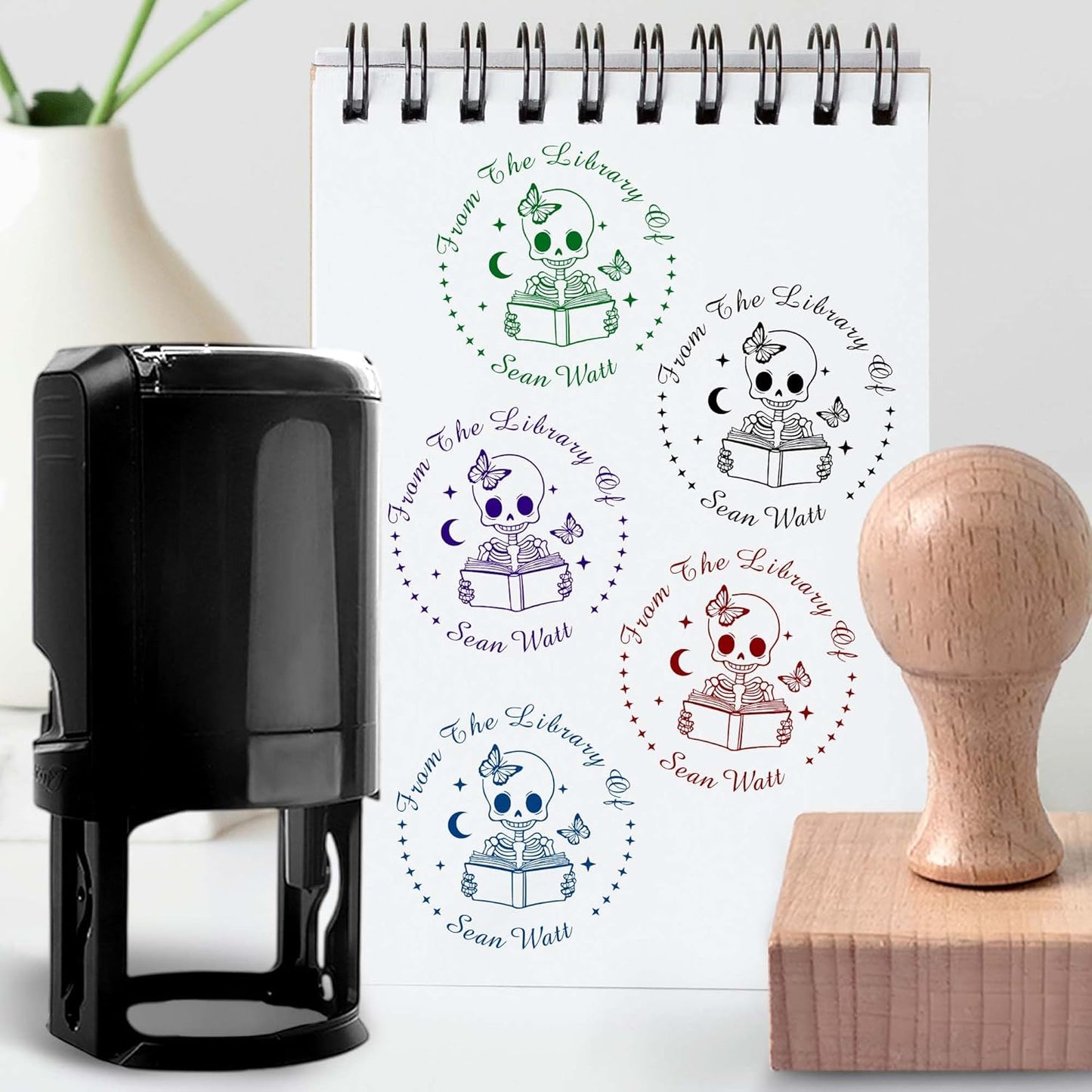 Skull Themed Library Book Embosser， Custom Book Business Card Paper Document Notebook, Self Inking Stamp，Book Lover Gifts，Christmas Gifts (Style14)