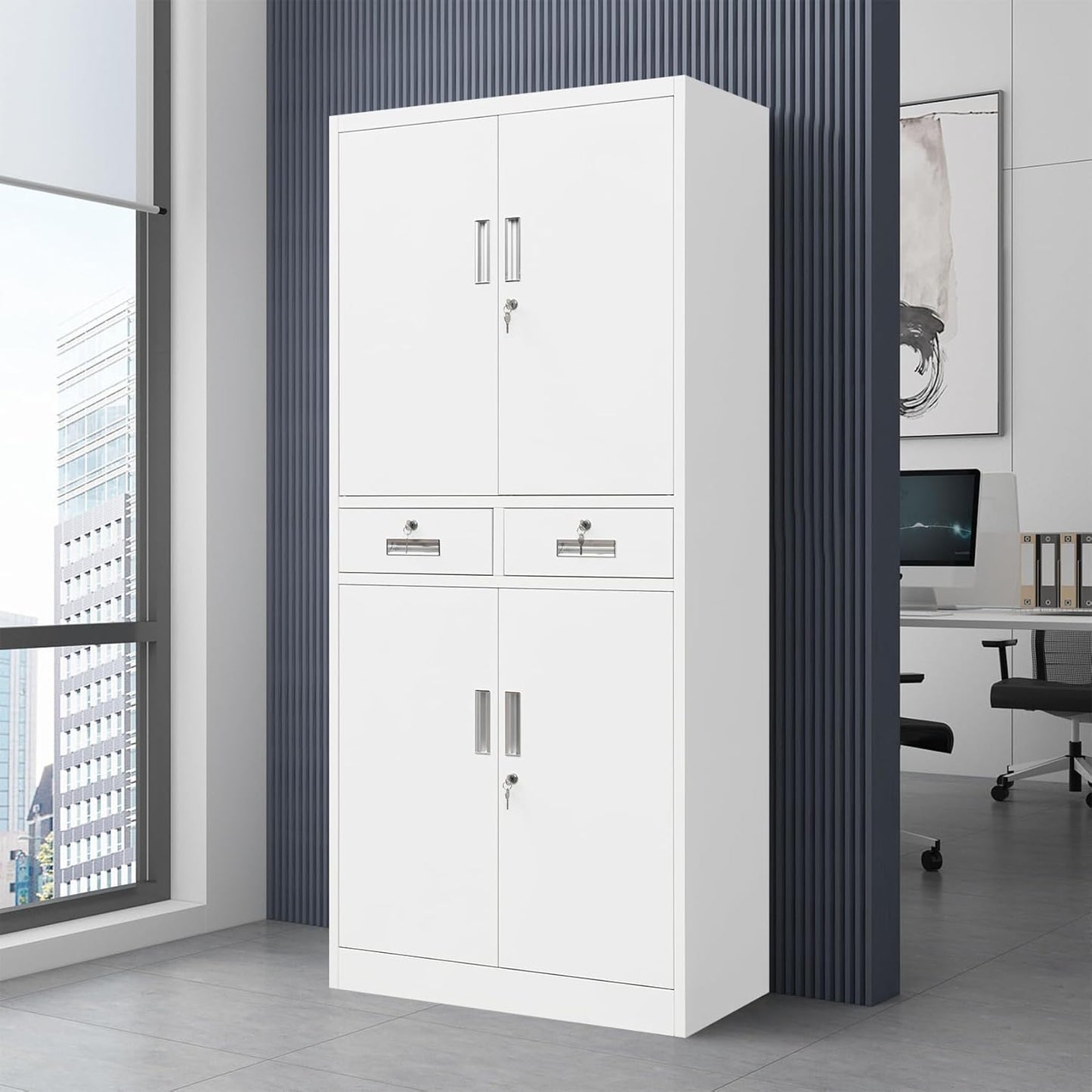 BESFUR Metal Storage Cabinet, Locking Storage Cabinet with Drawers and Adjustable Shelves for Garage, Office, Classroom - White